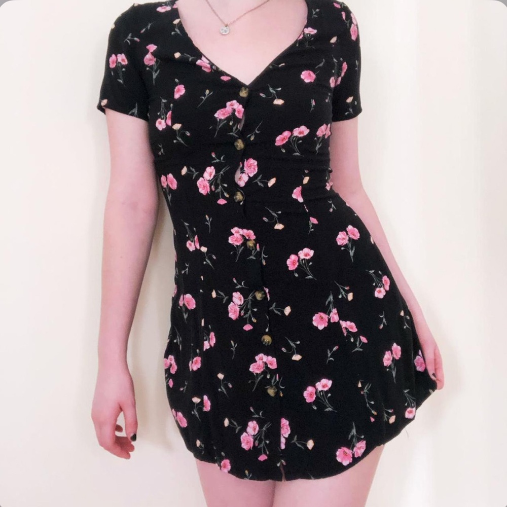 Divided H&M Black Dress with Pink Floral Design Size 4